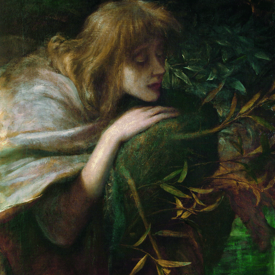 Oil painting featuring Ophelia in side profile closing her eyes surrounded by trees