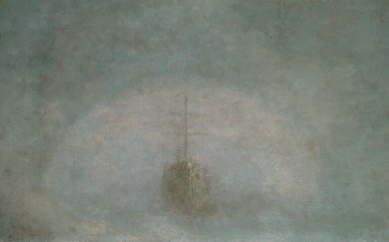 Oil painting of a ship in the mist