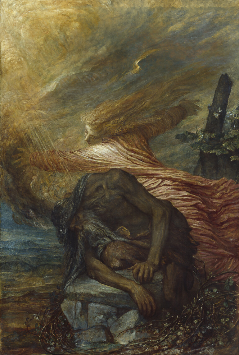 Figure of Cain dying on a rock with stormy sky
