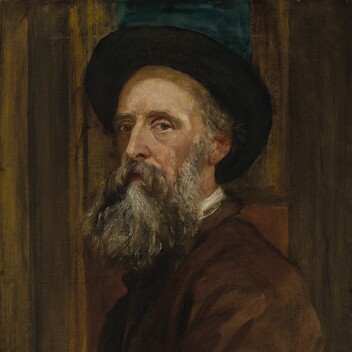 An oil painting self-portrait of George Frederic Watts, an old man with grey beard and hat