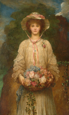 Painting by George Frederic Watts of Lilian in a white flowy dress and bonnett.