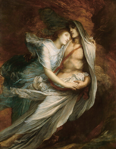 Painting of a man holding a woman in his arms as they look exhausted