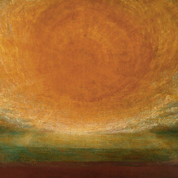 Oil on canvas painting depicting large orange and yellow sun with rays and dramatic clouds