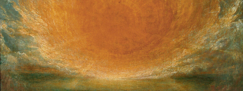 Oil on canvas painting depicting large orange and yellow sun with rays and dramatic clouds