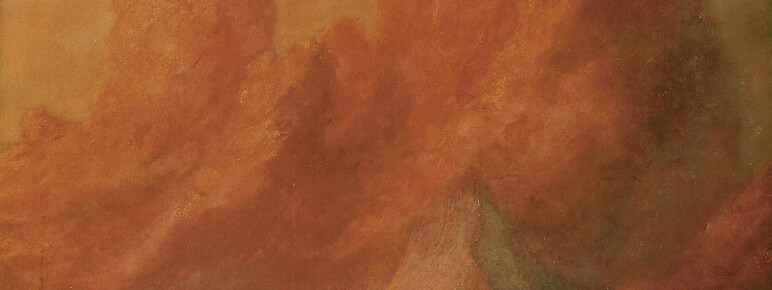 Oil on canvas painting depicting large snow covered mountain with dramatic orange and yellow cloudy sky