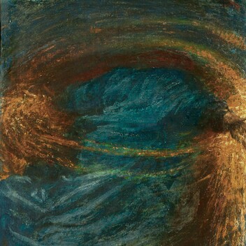 A blue robed abstract figure painted in oil