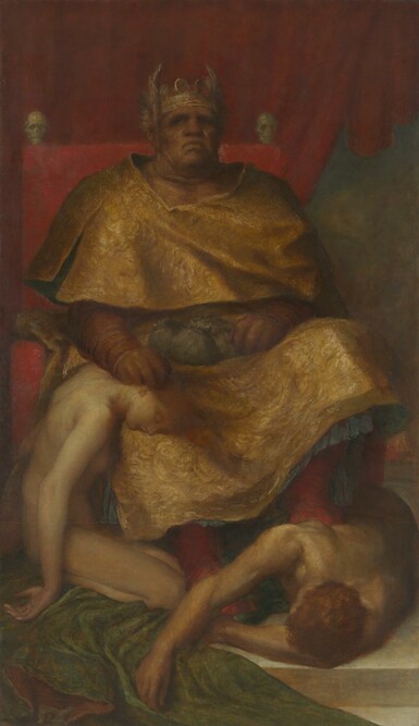 A seated figure seated on a throne decorated with skulls against a curtained backdrop