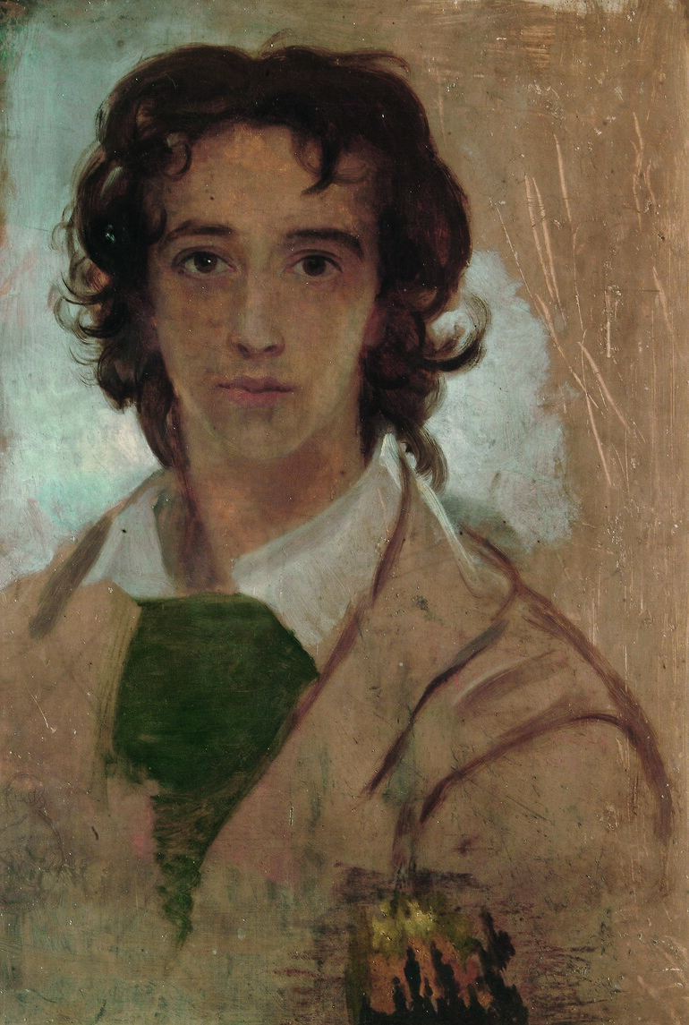 An unfinished sketch of Watts at 17 where neither the flesh of the face nor his clothing have been extensively painted