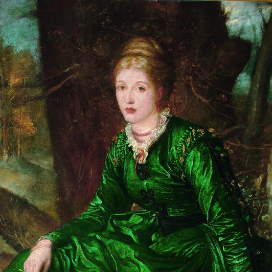 A woman in a vivid green dress reclines on the base of a tree