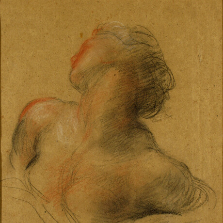 A chalk sketch of a women's bust on brown paper
