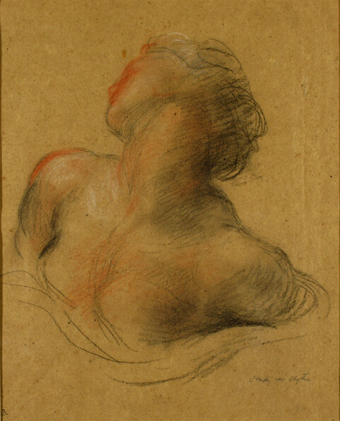A chalk sketch of a women's bust on brown paper