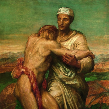 A clothed man supports another figure