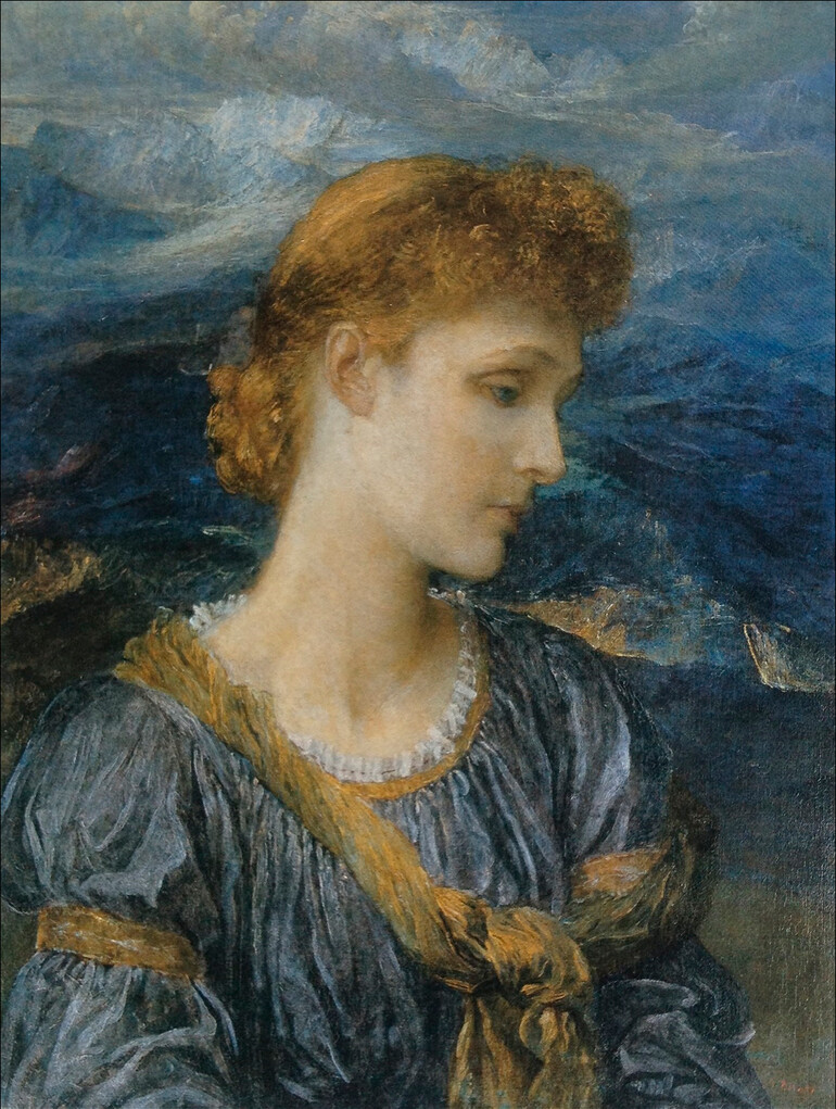 A woman in a blue dress looks down, behind her lays a mountain range