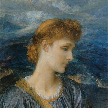 A woman in a blue dress looks down, behind her lays a mountain range