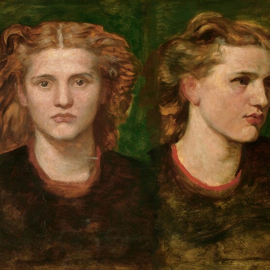 Two side-by-side paintings of a young woman looking at different angles