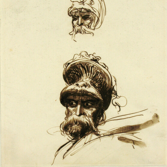 Pen drawings of a man in a plumed helmet