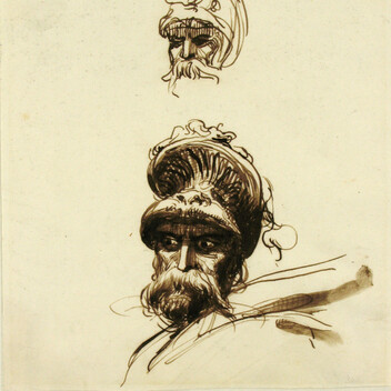 Pen drawings of a man in a plumed helmet