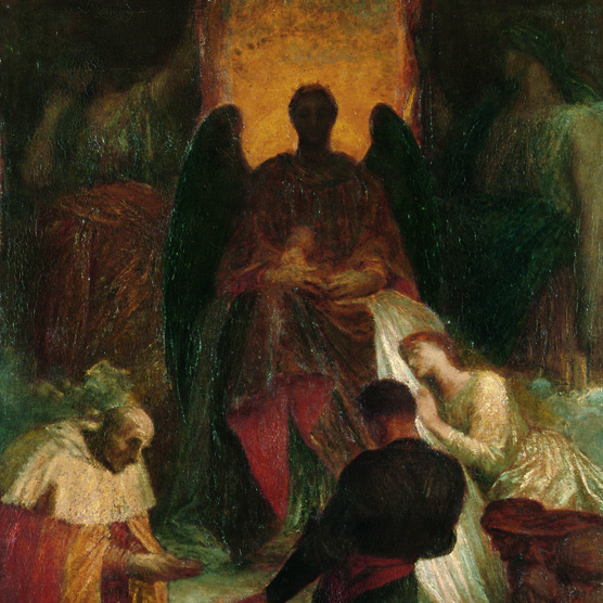 Death is shown as an enthroned angel, flanking Death are allegorical figures of Silence and Mystery