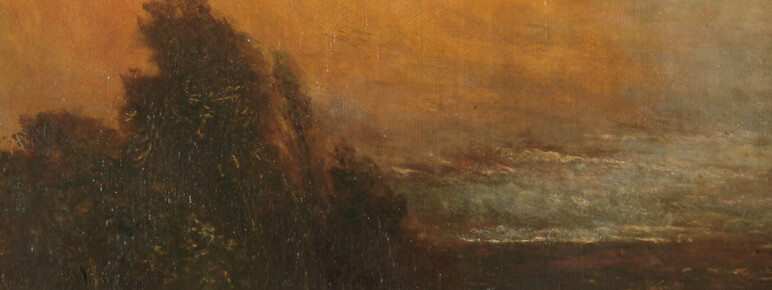 A landscape painting with an orange clouded sky and a tree