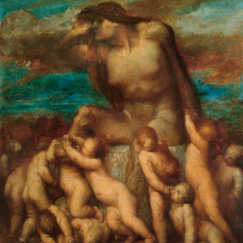 A women is surrounded by children in this painting