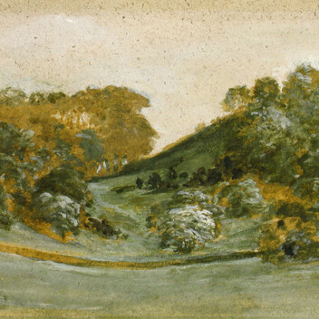 Green and brown watercolour study of a woodland and hills