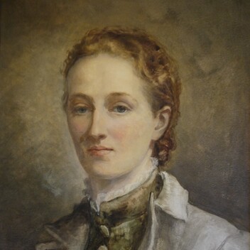 A watercolour image of women with her hair tied back