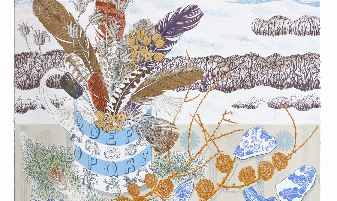 Screenprint artwork of feathers in a blue and white vase by artist, Angie Lewin
