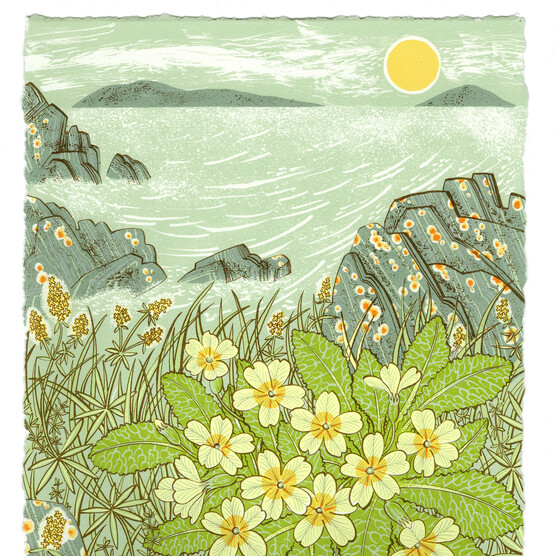 Screenprint artwork of primrose flowers by the coast with the sun overhead by artist, Angie Lewin