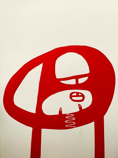 Abstract figurative woodcut print of a father holding their baby