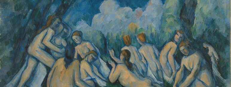A painting of people sat on the ground with blue skies and clouds