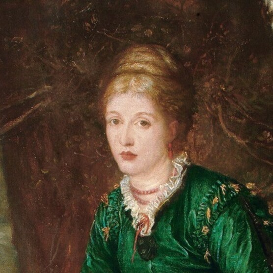 Portrait painting of Virginia Dalrymple by GF Watts. She is wearing the icon long dark green dress and her hair is tied up in a bun.