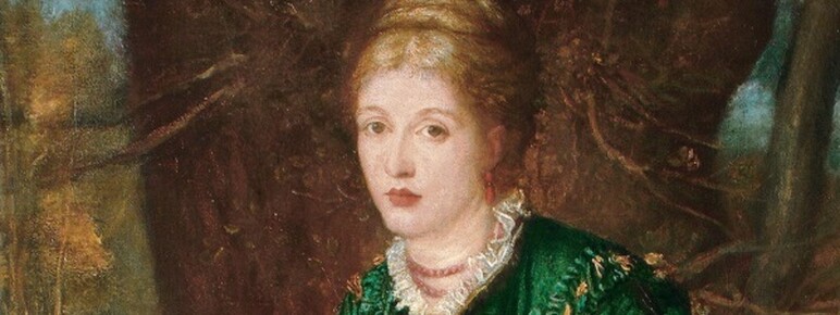 Portrait painting of Virginia Dalrymple by GF Watts. She is wearing the icon long dark green dress and her hair is tied up in a bun.