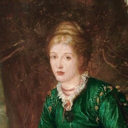 Portrait painting of Virginia Dalrymple by GF Watts. She is wearing the icon long dark green dress and her hair is tied up in a bun.