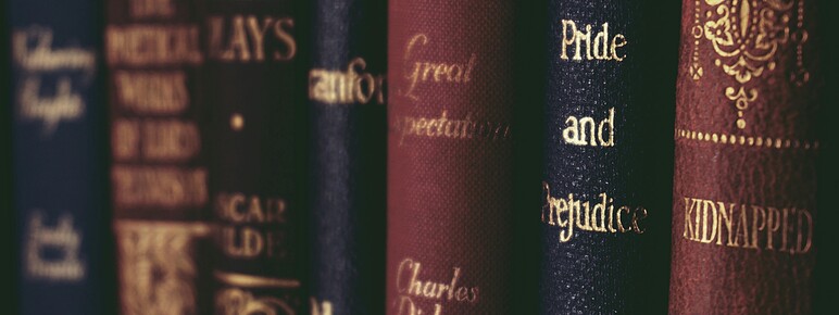 A row of leather bound books with gold titles