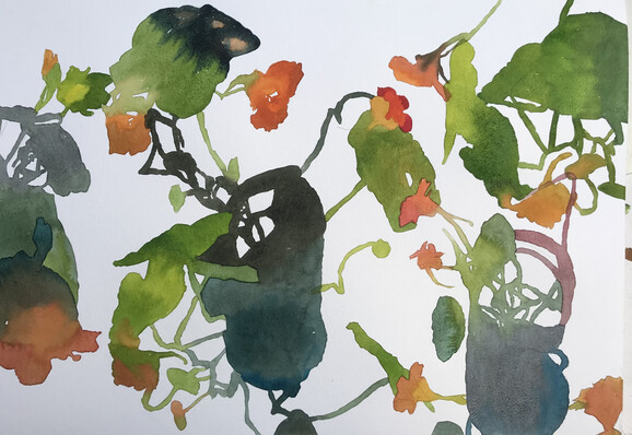 A watercolour sketch of orange flowers and green leaves