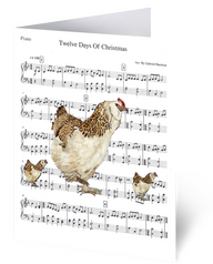 Product image of a Christmas card. On the front of the card is three hens with a music sheet of Twelve Days of Christmas