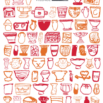 A collection of drawings of red and orange pots based on Mary Watts designs