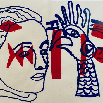 A navy drawing of a woman's face and cockerels head with red shapes layered over the top