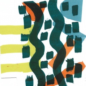 Multi-coloured block patterns printed on white paper