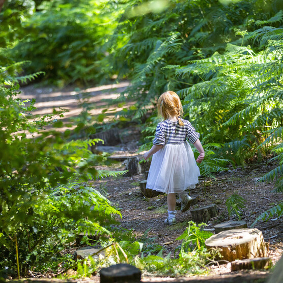 Photo of a young child walking along some tree sump stepping stones in the Verey Playwood