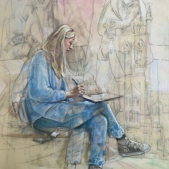 Artwork of the side-view of a blonde woman in all blue clothing sitting down and sketching