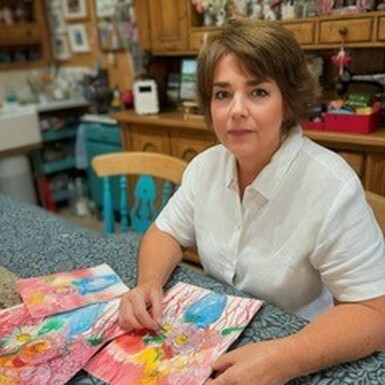 Photo of a woman sitting at a table making a piece of art. She has short brown hair and is wearing a white shirt. She is facing the camera.
