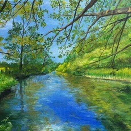 Image of a piece of artwork depicting a river in the landscape, surrounded by grass, trees and blue sky