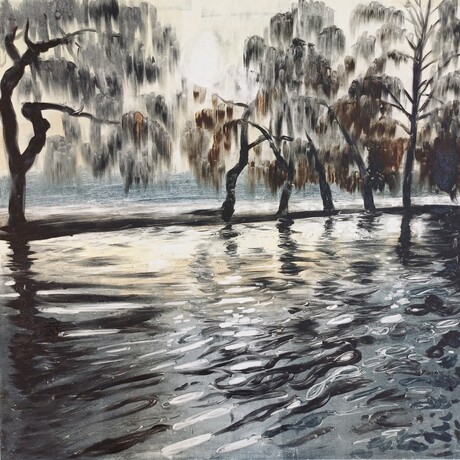 Monotype of a lake or river with weeping willow trees in the background