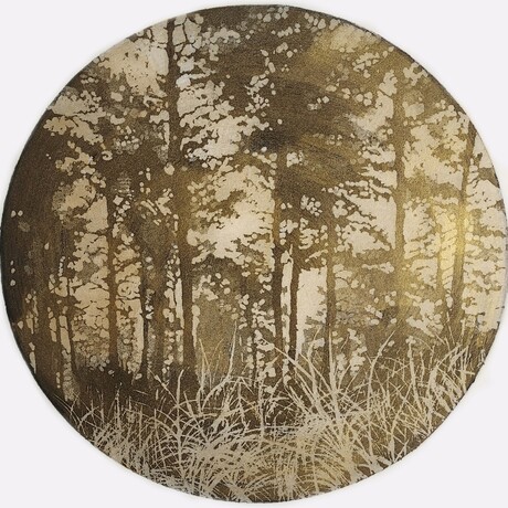 Worm's eye view etching of a forest. There is grass in the foreground with trees in the background