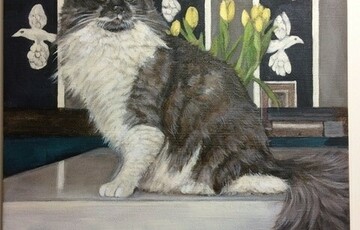 Artwork of a grey and white cat sitting on a white surface in a home, looking off to the side.