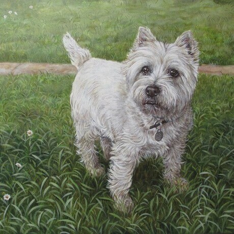 Artwork of a west highland terrier standing in some grass