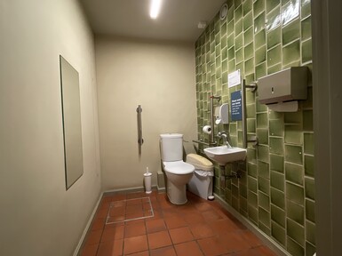 The toilet has a hand rail, mirror, sink and hand dryer. The walls and floor are tiled.