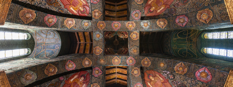Watts Cemetery Chapel ceiling with colourful decorative panels