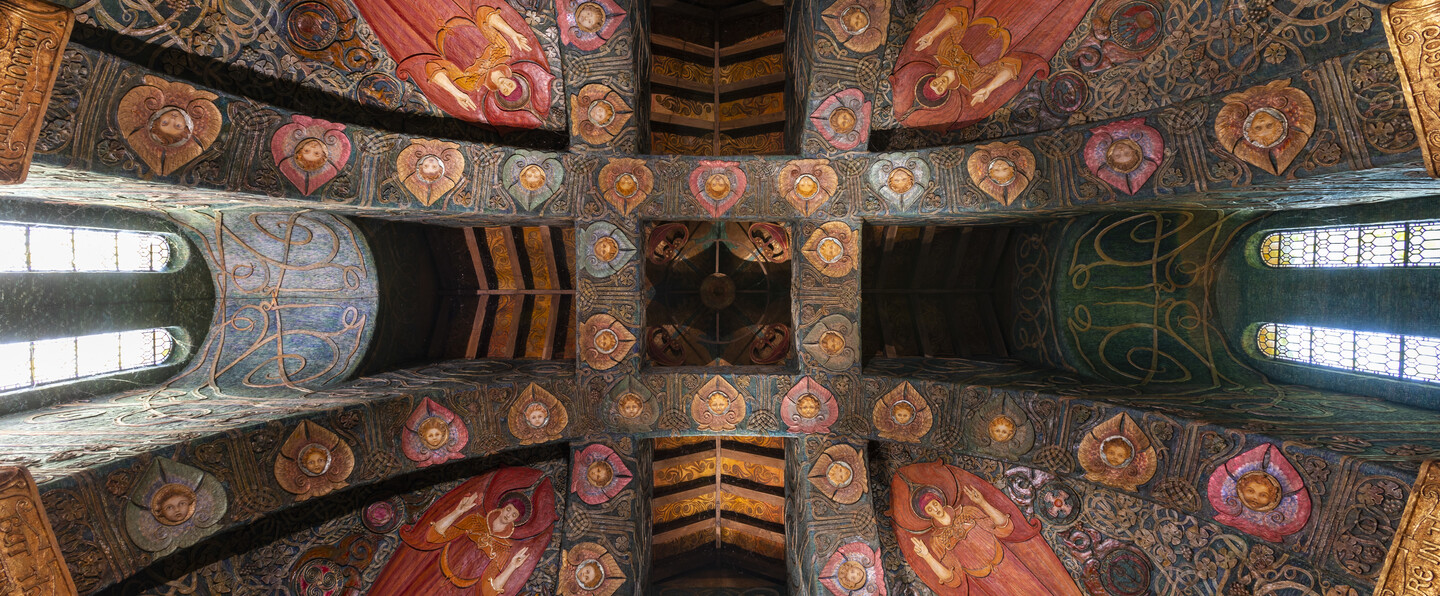 Watts Cemetery Chapel ceiling with colourful decorative panels
